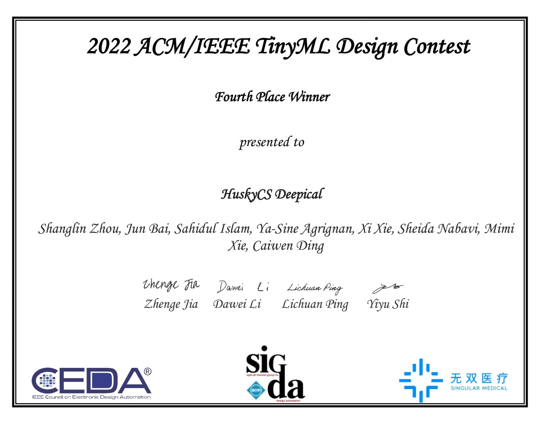Fourth Place Winner, 2022 TinyML Design Contest