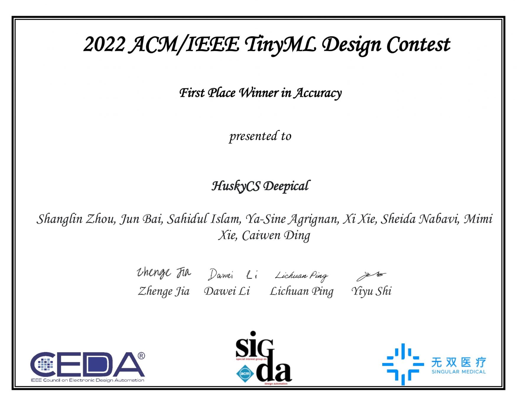 First Place Winner in Accuracy, 2022 TinyML Design Contest